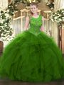 Customized Beading and Ruffles Quinceanera Dress Green Zipper Sleeveless Floor Length