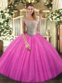 Colorful Hot Pink Ball Gowns Tulle Off The Shoulder Sleeveless Beading Lace Up Sweet 16 Quinceanera Dress