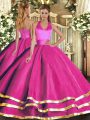 Hot Selling Fuchsia Tulle Lace Up Sweet 16 Quinceanera Dress Sleeveless Floor Length Ruffled Layers