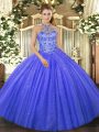 Luxurious Blue Quinceanera Gowns Military Ball and Sweet 16 and Quinceanera with Beading and Embroidery Halter Top Sleeveless Lace Up