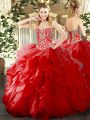 Enchanting Sleeveless Organza Floor Length Lace Up Sweet 16 Quinceanera Dress in Red with Beading and Ruffles