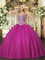 Fuchsia Ball Gowns Tulle Sweetheart Sleeveless Beading Floor Length Lace Up Quinceanera Gown