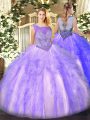 Sleeveless Floor Length Beading and Ruffles Lace Up Sweet 16 Quinceanera Dress with Lavender