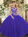 Royal Blue Scoop Neckline Beading and Appliques 15th Birthday Dress Cap Sleeves Lace Up