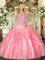 Beauteous Straps Sleeveless Lace Up Quince Ball Gowns Coral Red Tulle