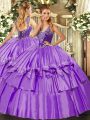 Ideal Floor Length Lavender Quinceanera Dress Organza and Taffeta Sleeveless Beading and Ruffled Layers