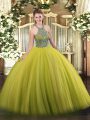 Olive Green Ball Gowns Tulle Halter Top Sleeveless Beading Floor Length Lace Up Quince Ball Gowns