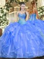 Baby Blue Ball Gowns Organza Sweetheart Sleeveless Beading and Ruffles Floor Length Lace Up Vestidos de Quinceanera