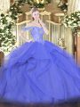 Off The Shoulder Sleeveless Quinceanera Dress Floor Length Beading and Ruffles Blue Tulle