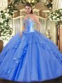 Popular Sweetheart Sleeveless Sweet 16 Dresses Floor Length Beading and Ruffles Blue Tulle