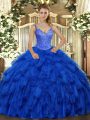 Gorgeous Royal Blue V-neck Lace Up Beading and Ruffles Ball Gown Prom Dress Sleeveless