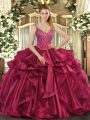Organza Straps Sleeveless Lace Up Beading and Ruffles Ball Gown Prom Dress in Wine Red