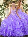 Lavender Lace Up Quinceanera Gown Beading and Ruffled Layers Sleeveless Floor Length