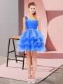 Sleeveless Mini Length Beading and Ruffled Layers Lace Up Party Dress for Girls with Blue
