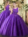 Sweet Purple Tulle Zipper Sweet 16 Dress Sleeveless Floor Length Beading and Appliques