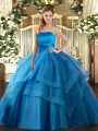 Top Selling Baby Blue Tulle Lace Up Strapless Sleeveless Floor Length Quince Ball Gowns Ruffled Layers