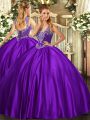 Low Price Floor Length Lace Up Quinceanera Gown Purple for Military Ball and Sweet 16 and Quinceanera with Beading