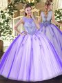 Customized Scoop Sleeveless Tulle Quince Ball Gowns Beading and Appliques Zipper
