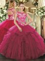Fuchsia Ball Gowns Beading and Ruffles Sweet 16 Dresses Lace Up Organza Sleeveless Floor Length