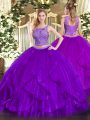 Artistic Purple Lace Up Scoop Beading and Ruffles Quince Ball Gowns Organza Sleeveless