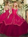 Fancy Wine Red Organza and Taffeta Lace Up Quinceanera Dress Long Sleeves Floor Length Lace and Embroidery