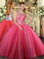 Coral Red Ball Gowns Tulle Scoop Sleeveless Beading Floor Length Lace Up Sweet 16 Quinceanera Dress
