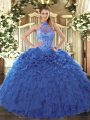 Colorful Blue Sleeveless Floor Length Beading and Embroidery and Ruffles Lace Up Quinceanera Gown