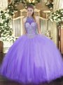 Adorable Lavender Sleeveless Floor Length Beading Lace Up 15 Quinceanera Dress