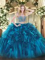 Noble Floor Length Blue Ball Gown Prom Dress Organza Sleeveless Beading and Ruffles