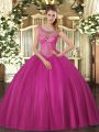 Fuchsia Tulle Lace Up Quinceanera Gown Sleeveless Floor Length Beading
