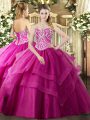 Fuchsia Lace Up Sweetheart Beading and Ruffled Layers Quinceanera Dress Tulle Sleeveless