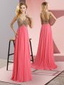 Watermelon Red Zipper Womens Party Dresses Beading Sleeveless Floor Length Sweep Train