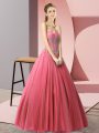 Customized Beading Prom Dress Coral Red Lace Up Sleeveless Floor Length