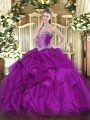 Purple Ball Gowns Organza Sweetheart Sleeveless Beading and Ruffles Floor Length Lace Up Sweet 16 Dresses