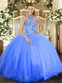 Floor Length Blue Quinceanera Gown Halter Top Sleeveless Lace Up