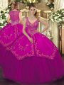 Modern V-neck Sleeveless Quinceanera Gowns Floor Length Beading and Embroidery Fuchsia Taffeta and Tulle