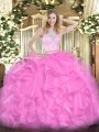Floor Length Rose Pink Sweet 16 Quinceanera Dress Scoop Sleeveless Zipper