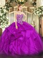 High Class Fuchsia Organza Lace Up Sweetheart Sleeveless Floor Length 15th Birthday Dress Beading and Ruffles