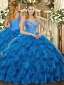 Dazzling Blue Lace Up Quinceanera Gowns Beading and Ruffles Sleeveless Floor Length