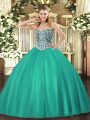 Sleeveless Floor Length Beading Lace Up Quinceanera Dress with Turquoise