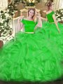 Floor Length Green Sweet 16 Dress Organza Short Sleeves Appliques and Ruffles