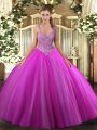 Noble Floor Length Ball Gowns Sleeveless Fuchsia 15th Birthday Dress Lace Up