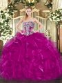 Organza Strapless Sleeveless Lace Up Beading and Ruffles Ball Gown Prom Dress in Fuchsia