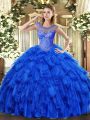 Smart Royal Blue Organza Lace Up Scoop Sleeveless Floor Length Sweet 16 Dress Beading and Ruffles