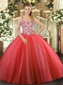 Coral Red Ball Gowns Tulle Straps Sleeveless Beading and Appliques Floor Length Lace Up 15th Birthday Dress