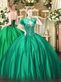Turquoise Ball Gowns Sweetheart Sleeveless Satin Floor Length Lace Up Beading Ball Gown Prom Dress