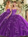 Ideal Purple Ball Gowns Sweetheart Sleeveless Tulle Floor Length Lace Up Beading and Ruffles Sweet 16 Dresses