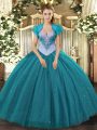 Edgy Floor Length Lace Up Vestidos de Quinceanera Teal for Military Ball and Sweet 16 and Quinceanera with Beading and Sequins