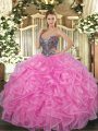 Rose Pink Ball Gowns Organza Sweetheart Sleeveless Beading and Ruffles Floor Length Lace Up Sweet 16 Quinceanera Dress