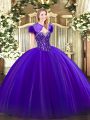 Purple Ball Gowns Tulle Sweetheart Sleeveless Beading Floor Length Lace Up Quince Ball Gowns